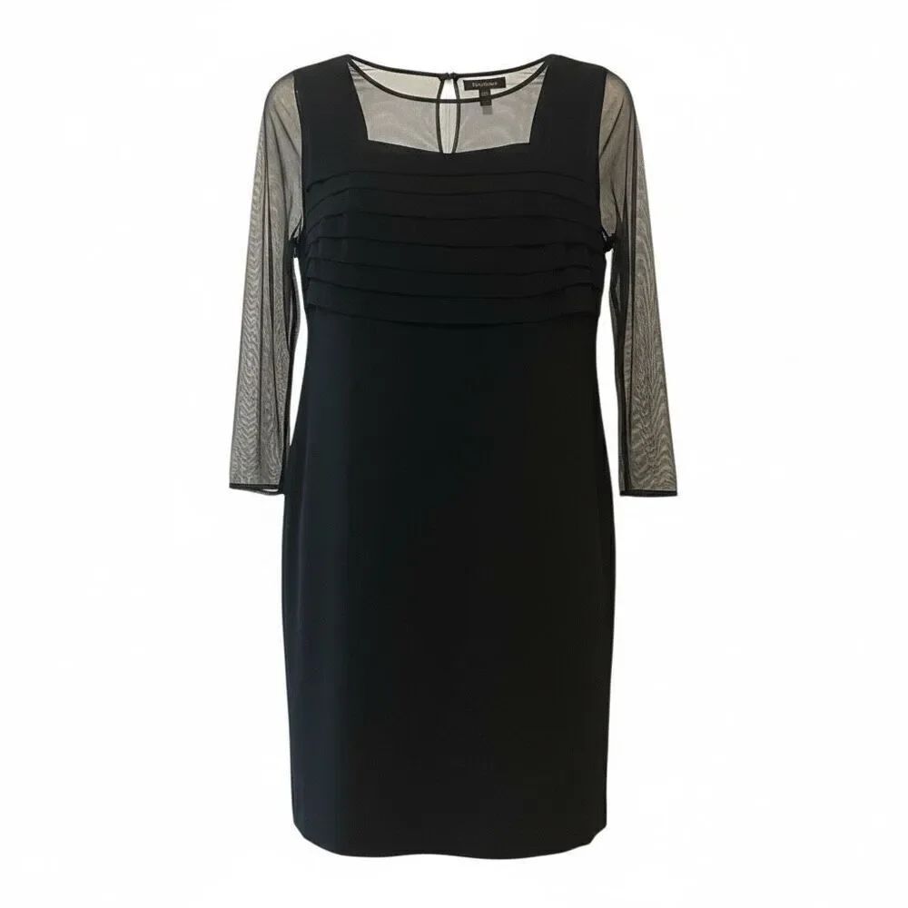 Talbots Woman 12W Black Cocktail Dress Mesh Sleeves Square Neck Tiered Bodice